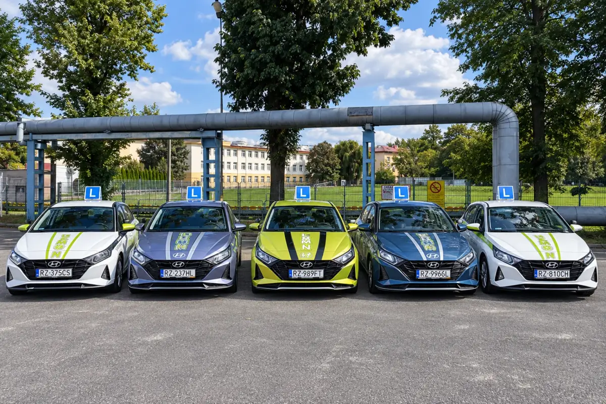 Grafika przedstawiająca pięć samochodów Hyundai i20 w barwach OSK Lemon