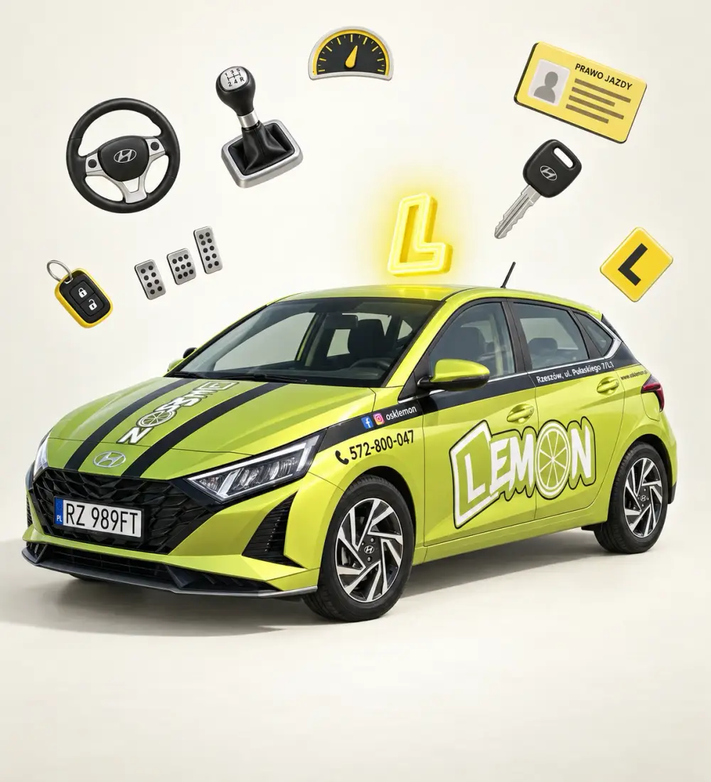 Limonkowy Hyundai i20 z logo Lemon, otoczony symbolami nauki jazdy